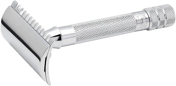 MERKUR 15C Double Edge Safety Razor in Bright Chrome with an Open Comb Design, Standard Handle, Made in Germany, Plastic-Free, Three-Piece Design, and Straight Bar