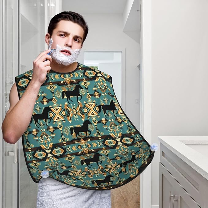 Beard Shaving Cape with Suction Cups, Traditional Symbols Tribal Ethnic Horses Shave Bib, Non-Stick Waterproof Hair Catcher, Grooming Bib for Men Husband