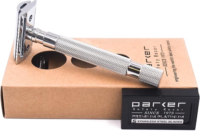 Parker 64S Stainless Steel Handle Double Edge Safety Razor & 5 Premium Blades