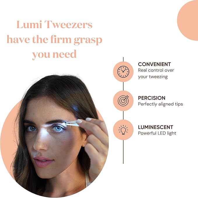 Sensica Lighted Tweezers for Women Facial Hair – LED Light Up Tweezers for Precision Eyebrow Plucking – Slant Tip Stainless Steel Tweezer with Long Arms & 3 Extra Batteries – Facial Hair Removal Tool