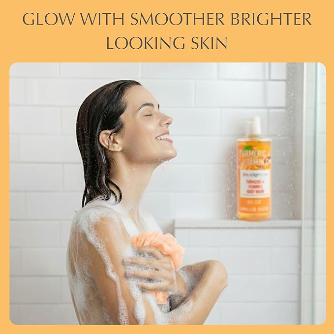 SpaScriptions Turmeric & Vitamin C Body Wash – Brightening Gentle Cleansing Shower Gel Scrub With Hyaluronic Acid for Radiant Glowing Skin & Brown Sugar Exfoliation, Scented, Paraben Free, 32 fl oz