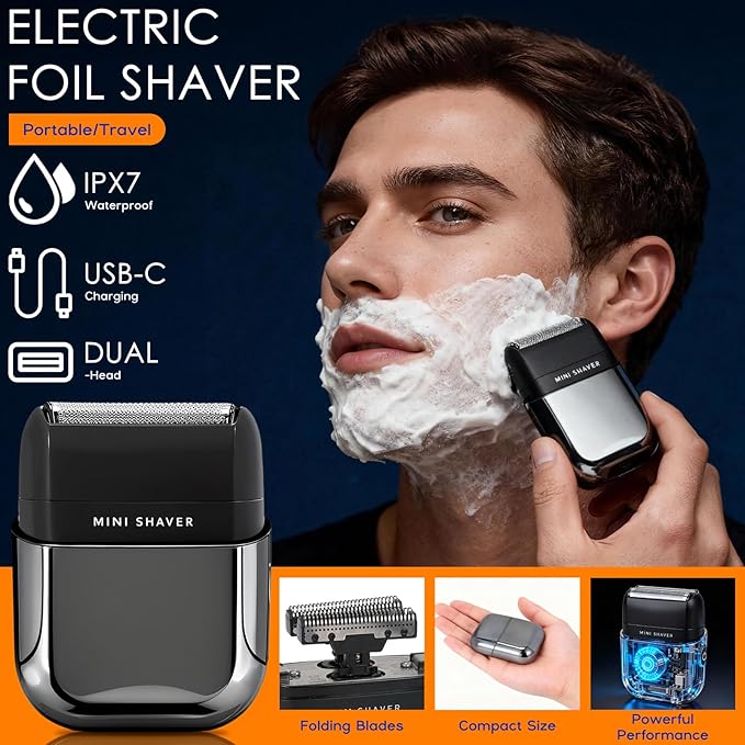 Foil Shaver, Portable Electric Razors for Men Mini Electric Shaver Wireless Charging IPX7 Waterproof Wet/Dry Use USB-C Charging 2H Battery Life Travel Shaver Facial Beard and Neck Trimmer