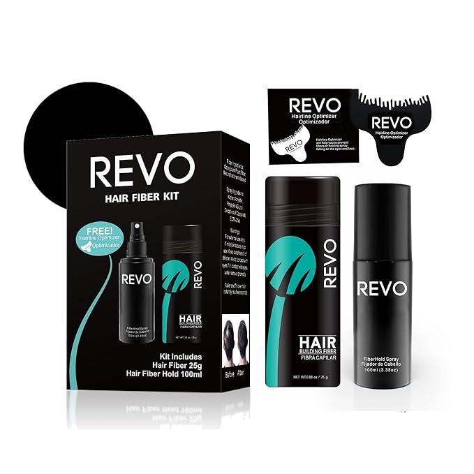 REVO Hair Building Fibers Kit for Thinning Hair (25g) with Fiberhold Spray (100ml) – 3-Pc Professional Set, Natural Plant-Based Hair Thickener & Concealer for Men & Women - BLACK