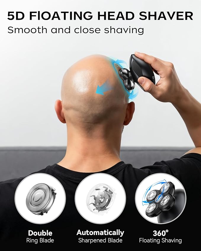 Head Shavers for Bald Men, 5 in 1 Electric Razor IPX7 Waterproof for Bald Men, 5D Rotary Shaver