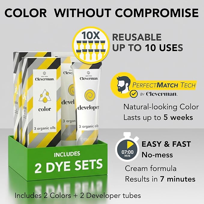 2X Pack Cleverman Hair & Beard Dye Kit for Men, All-in-One Reusable Mens Hair Color, Natural Gray Coverage, Ammonia-Free Beard Mustache Dye for Men (Dark Blond)