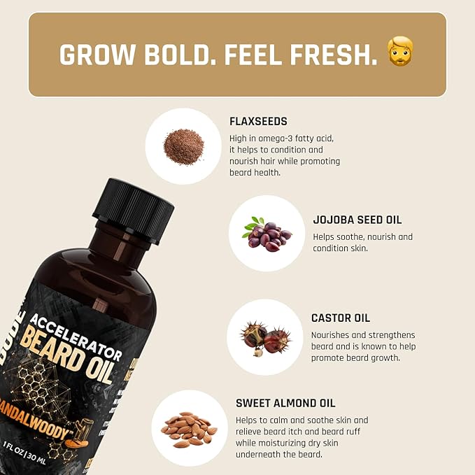 Derm Dude Accelerator Beard Growth Oil for Men | With Castor Oil & Jojoba Oil for Hair Growth | Promotes Thicker Fuller Beard | Hydrate & Soften Facial Hair, Non-Greasy - SandalWoody 1oz