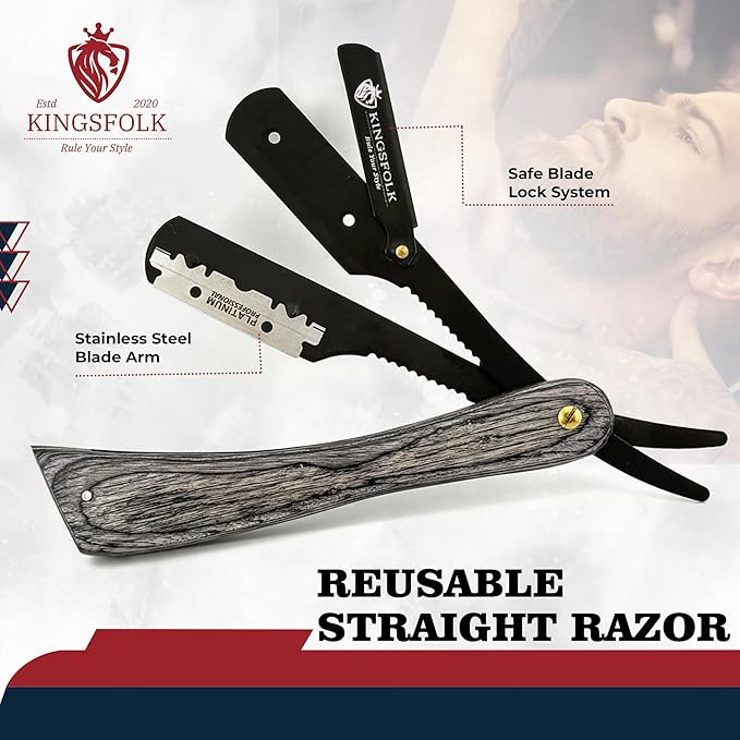 Professional Straight Razor Kit for Men – Wooden Handle Razor with 100 Platinum Blades, Leather Case, Nitrile Gloves & Cleaning Cloth – Barber Grade Wet Shave Set