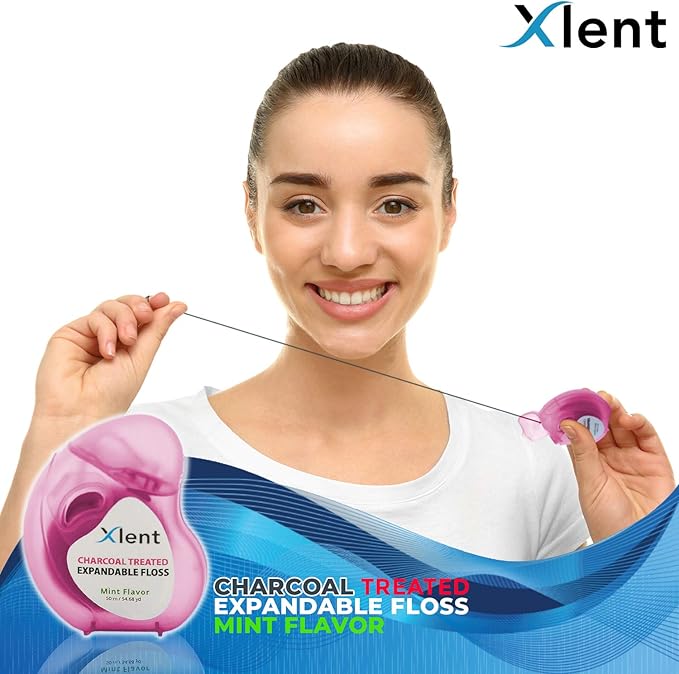 Expandable Floss Treated with Activated Charcoal with Xylitol and Natural Plant Based Wax |Fresh Mint Flavor | 50 Meter (4 Count)