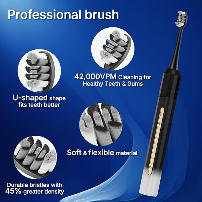 Sonic Electric Toothbrush with 10 Brush Heads for Adults and Children, Up to 90 Days on a Single Charge,5 Modes,Built-in 2-Minute Smart Timer, IPX8 Waterproof Electric Toothbrush (Black White)