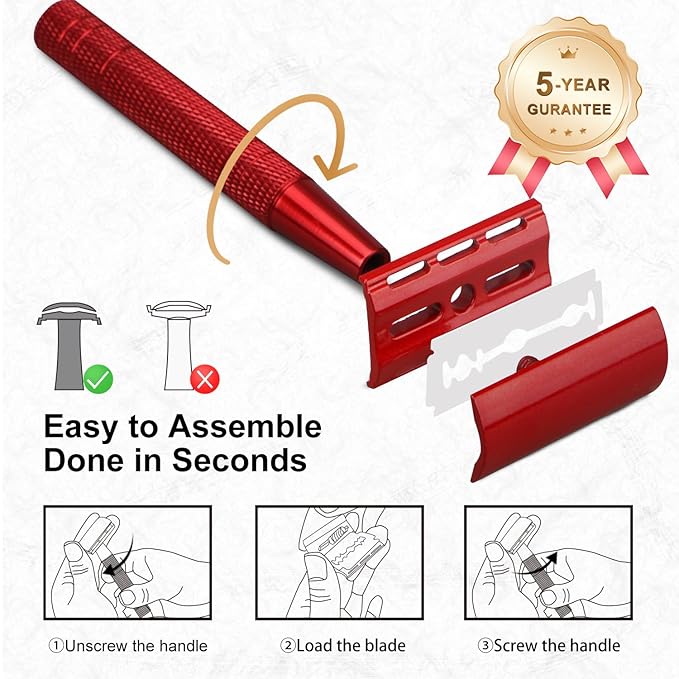 Safety Razor for Women and Men, Single Blade Razors, Reusable Metal Womens Razors for Shaving, with 10 Stainless Steel Double Edge Blades, Smooth and Close Shave, Plastic Free, Red