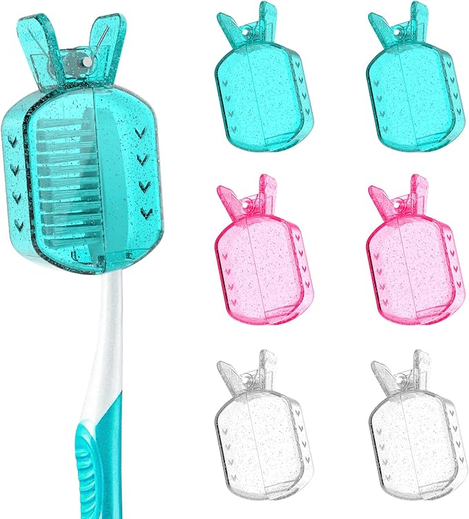Toothbrush Covers Caps, Clip-On Toothbrush Protector for Household Travel, Sparkly Brush Head Pod Case Fits Most Manual and Electric Toothbrushes, 6 Count