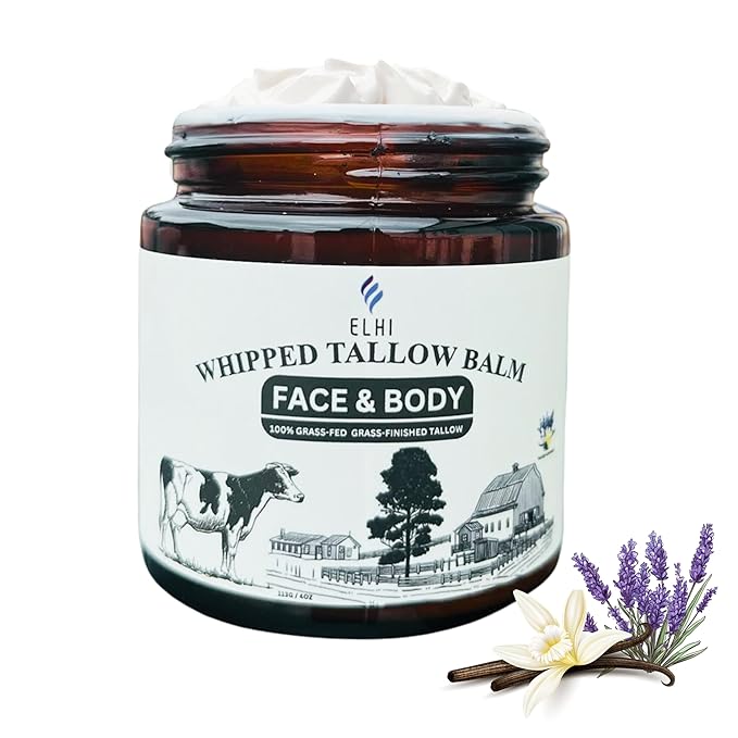 ELHI Whipped Beef Tallow Skin Moisturizer, 100% Grass Fed, Face and Body Balm, For Women & Men, 4 OZ, (VANILLA LAVENDER)