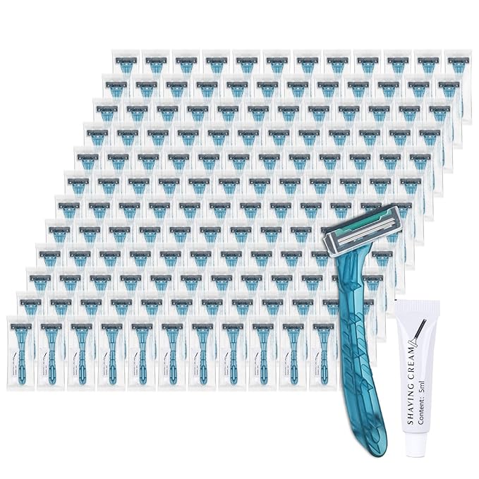 Disposable Razors Bulk, Blue Razors Individually Wrapped Bulk, With Shaving Cream For Hotels, Shelters, Homeless, Nursing Homes, Charities, Churches (100-PACK)