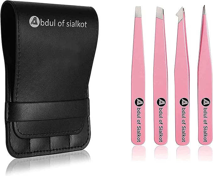Eyebrow Tweezer Set for Women & Men - Professional Slant and Pointed Tweezer Set with Case - Precision Tweezer Kit for Facial Hair,Splinter and Ingrown Hair Removal (Pink 4 Piece)