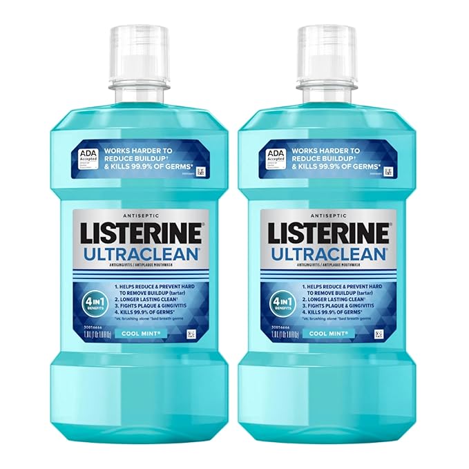 Listerine Ultraclean Oral Care Antiseptic Mouthwash, Everfresh Technology to Help Fight Bad Breath, Gingivitis, Plaque & Tartar, ADA-Accepted Tartar Control Oral Rinse, Cool Mint, 1 L (Pack of 2)