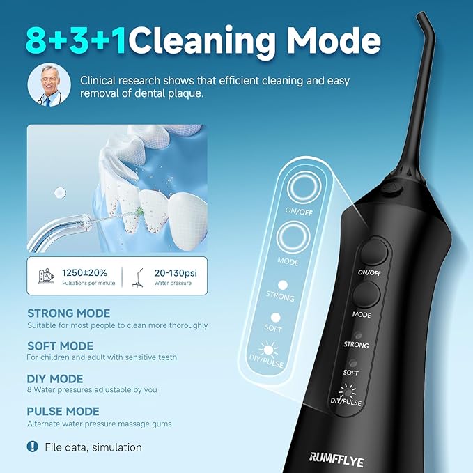 Water Dental Flosser Cordless Oral Irrigator with 300ml 5 Tips 8 DIY Modes 3 Levels 1 Pulse Portable Travle Irrigation Cleaner IPX7 Electric Irrigador Dental for Teeth Cleaning (Black)