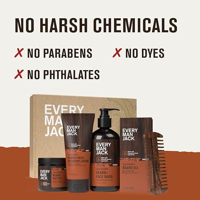 Every Man Jack Beard Essentials Gift Set for Men – Complete Routine with 5 Full-Size Essentials – Aged Bourbon Scent - Beard & Face Wash, Lotion, Oil, Butter & Comb