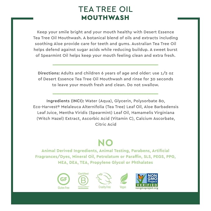 Desert Essence Alcohol-Free Mouthwash with Tea Tree Oil and Aloe, Sugar-Free, Oral Rinse to Provide Botanical Care for Teeth & Gums, Vegan, Non-GMO, SLS-Free, Gluten-Free, Spearmint Flavor, 8oz