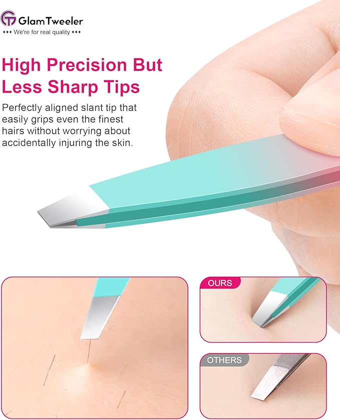 Exclusive G-01 Slant Tip Tweezers, GlamTweeler High Precison Expert Eyebrow and Facial Hair Removal Tweezer with Leather Storage & Carrying Case