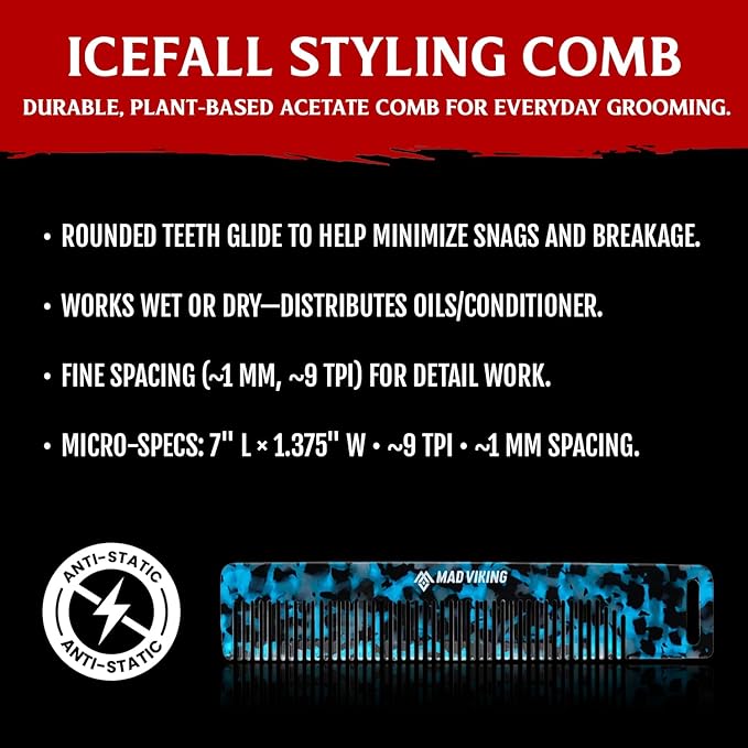 Mad Viking ICEFALL Beard & Mustache Premium Styling Comb – Anti-Static Grooming Tool– Durable and Travel-Ready – Smooths & Distributes Oils for Strong, Tames Flyaways
