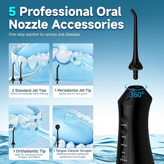 Water Dental Flosser Cordless Oral Irrigator with 300ml 5 Tips 8 DIY Modes 3 Levels 1 Pulse Portable Travle Irrigation Cleaner IPX7 Electric Irrigador Dental for Teeth Cleaning (Black)