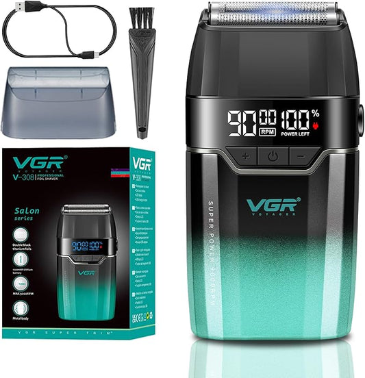 VGR 308 Electric Shavers for Men, Professional Double Foil Shaver 9000RPM Cordless Head Shaver with Titanium Foils, LED Display, USB Rechargeable Men's Electric Razor for Face & Beard, Green