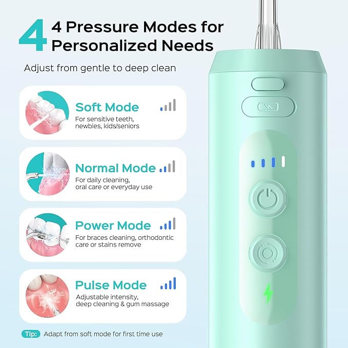 COSLUS T40 Mini Water Flosser for Travel: Portable Lightweight Design Cordless Oral Irrigator with Removable Tank & 4 Modes, IPX7 Waterproof for Braces, Sensitive Teeth Travelers & Family Use, Green
