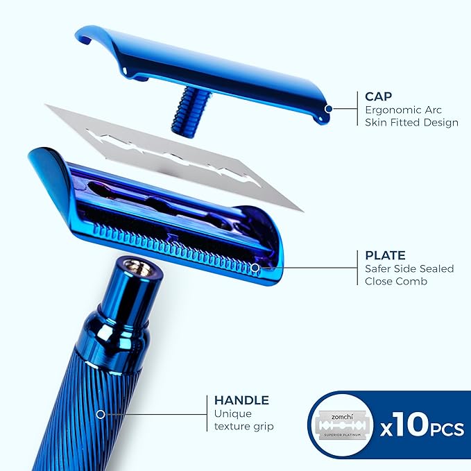 ZOMCHI Double Edge Safety Razor for Men with Stand, [New Version 2.0 ] Reusable Metal Razor with 10 Double Edge Blades, Single Blade Razors for Men & Women – Noble Blue