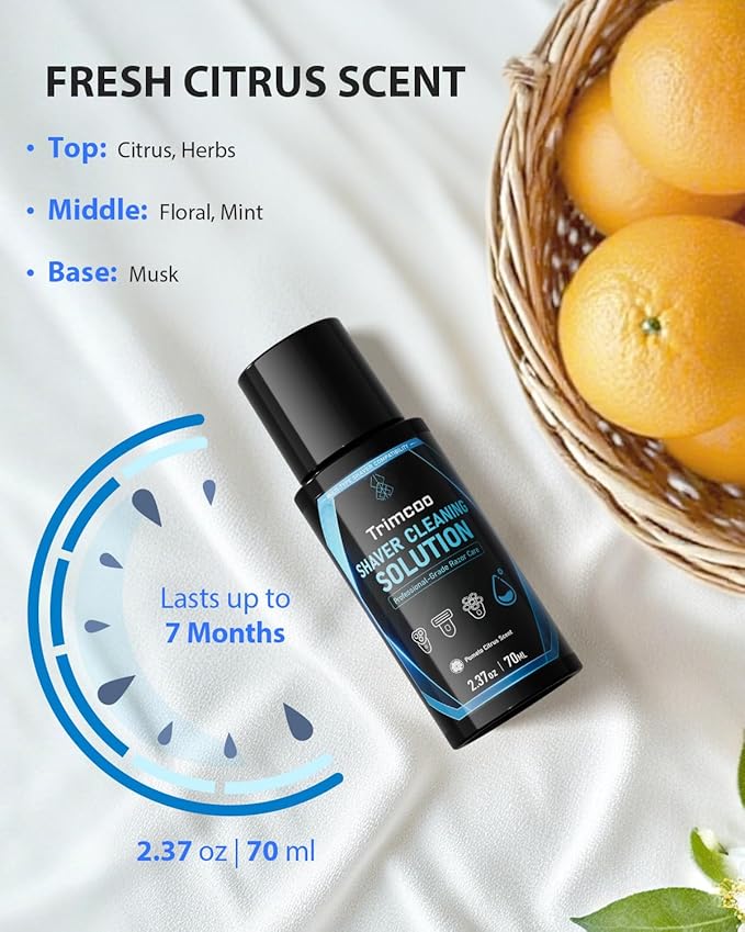 Genuine Electic Shaver Cleaning Solution, 2-Pack Care Refills, 7-Month Supply, Alcohol-Free Pomelo Citrus Scent, Double Cleaning, Prevents Rust & Odors, Keeps Razor Like New (70ML/2.37OZ)