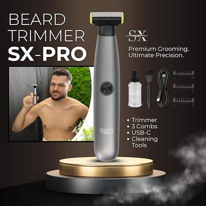 SX-PRO Body Hair Trimmer & Electric Razor for Men | Skin-Safe Razor Blades for Sensitive Areas | Pubic Hair, Chest, Legs, Bikini & Full Body Shaver, Rechargeable Waterproof | Silver