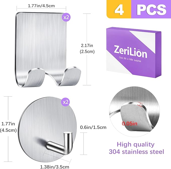 Adhesive Razor Holder & Hook Combo Pack (2+2) - Waterproof 304 Stainless Steel Organizers for Bathroom, Shower, Kitchen Use