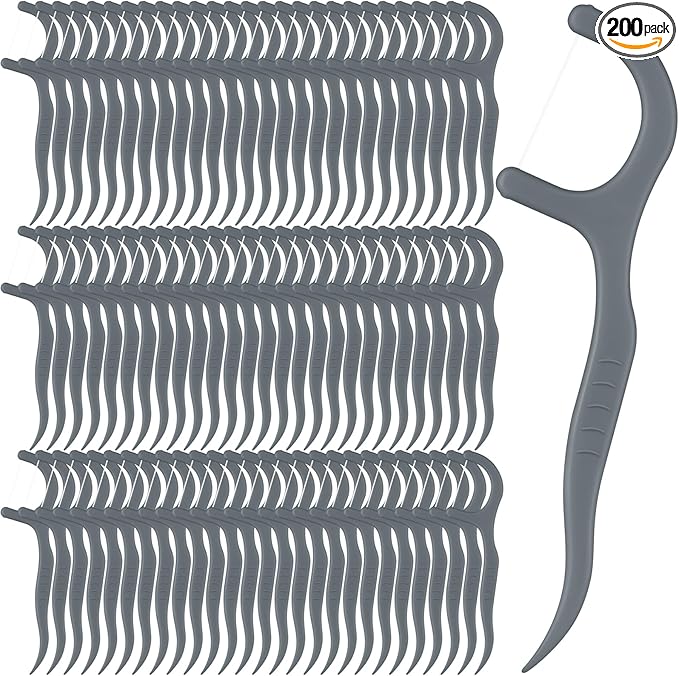 Baderke 200 Count Floss Picks Bulk Non Breakable Tooth Picks Flosser Dental Floss Sticks for Adults Teeth Cleaning Dental Flossers for Family Pack Travel(Grey)