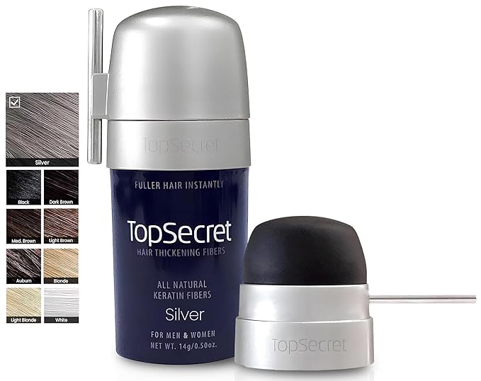 Top Secret Hair Thickening Building Fibers Applicator Included - Undetectable & Natural Hair Filler for Men & Women - Instantly Fill In Fine Thinning Hair - Weather & Sweat Resistant (Silver, Medium)