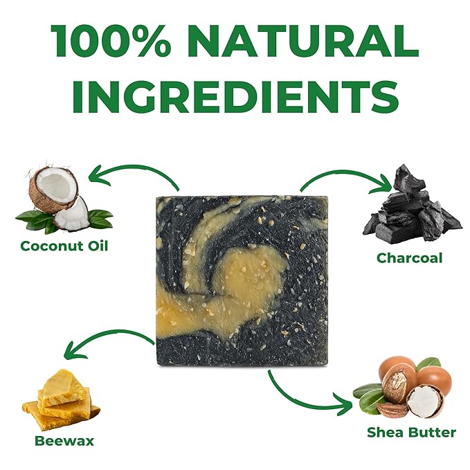 Natural Soap Bar with Beeswax, Charcoal & Shea Butter - Made in USA | Cold Process All Natural Soap Bar for Face, Body & Hands | Deep Cleansing Bar Soap with Coconut for Gentle, Moisturizing Care