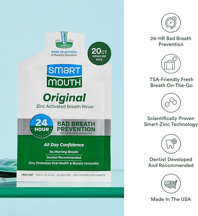 SmartMouth Original Activated Mouthwash Single Packs, Travel Mouthwash, Fresh Mint, 20 Pack