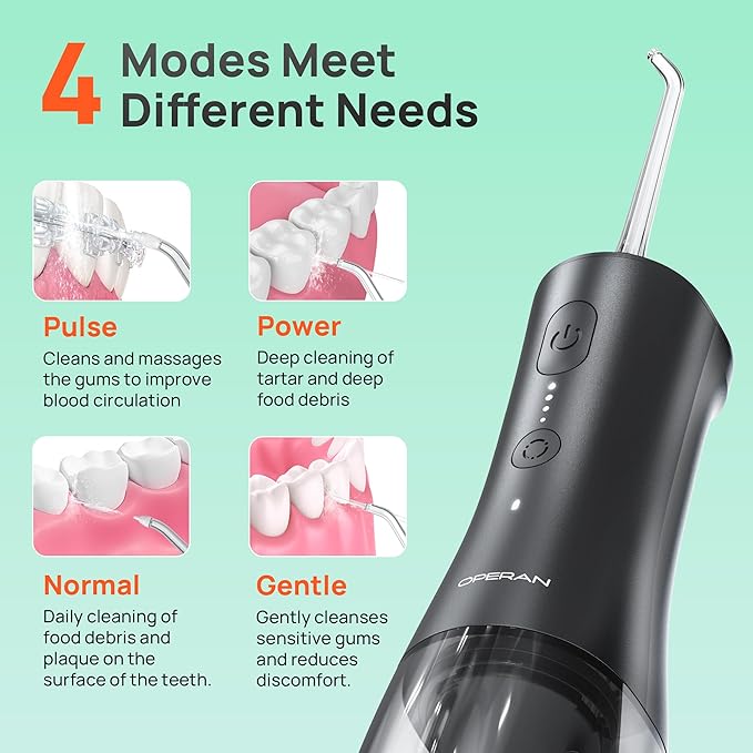 OPERAN Water Flossers for Teeth, Cordless Portable Water Flossers for Adults Braces, IPX7 Waterproof with 4 Modes, 4 Professional Nozzles, 300ml Tank & 21 Days Runtime for Travel, Black, 1Pack