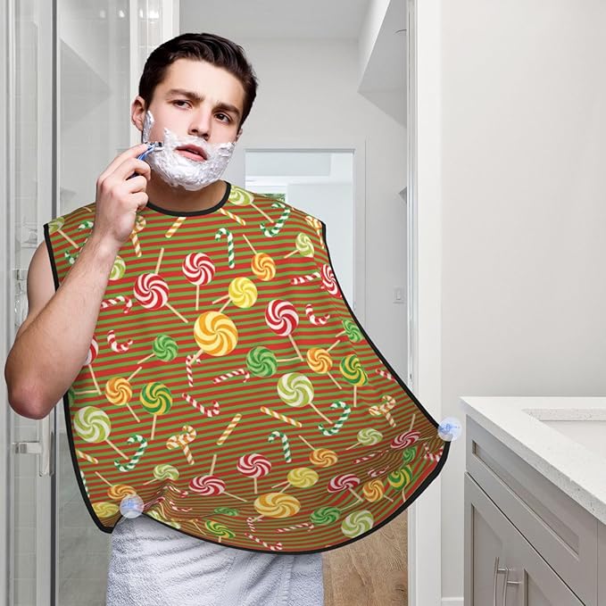 Non-Stick Beard Shaving Bib, Hair Catcher Apron with Suction Cups, Waterproof Grooming Tool for Men Husband, Candy Cane Christmas Red Green Stripes Shave Bib