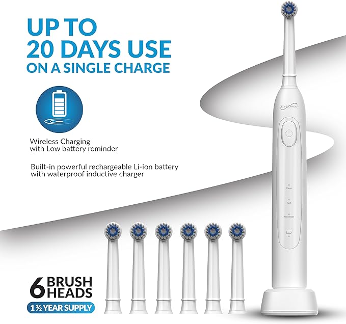 Supersonic TB-1000 Sonic Zoom+ Advanced Rotating Electric Toothbrush | 8,800 OPM | Wireless Charging | 3 Cleaning Modes | 6 Brush Heads | Auto Timer | Travel Case | Black (White)