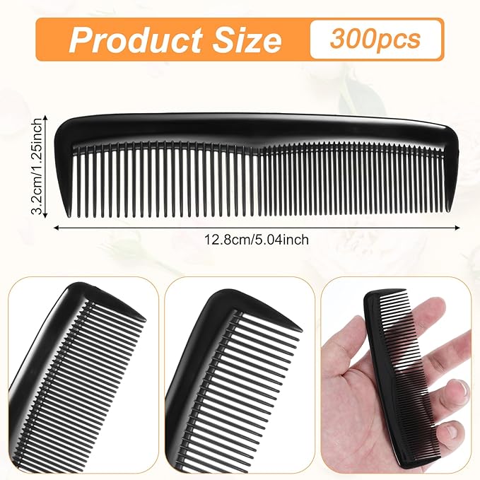 300 Pack Bulk Combs - 5 Inch Thickened Black Plastic Combs, Fine and Wide Tooth Small Hair Comb for Homeless, Women, Men, Travel, Hotel, Nursing Home, Charity