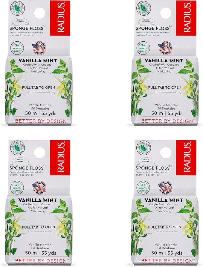 Radius Vanilla Mint Dental Floss 55 Yards Vegan & Non-Toxic Oral Care Boost & Designed to Help Fight Plaque Clear - Pack of 4