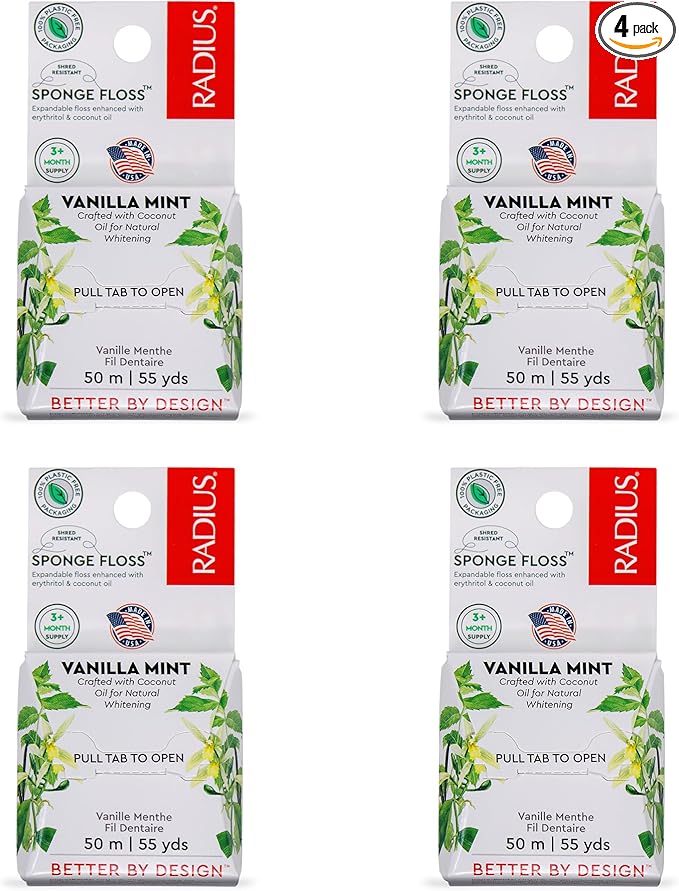 Radius Vanilla Mint Dental Floss 55 Yards Vegan & Non-Toxic Oral Care Boost & Designed to Help Fight Plaque Clear - Pack of 4