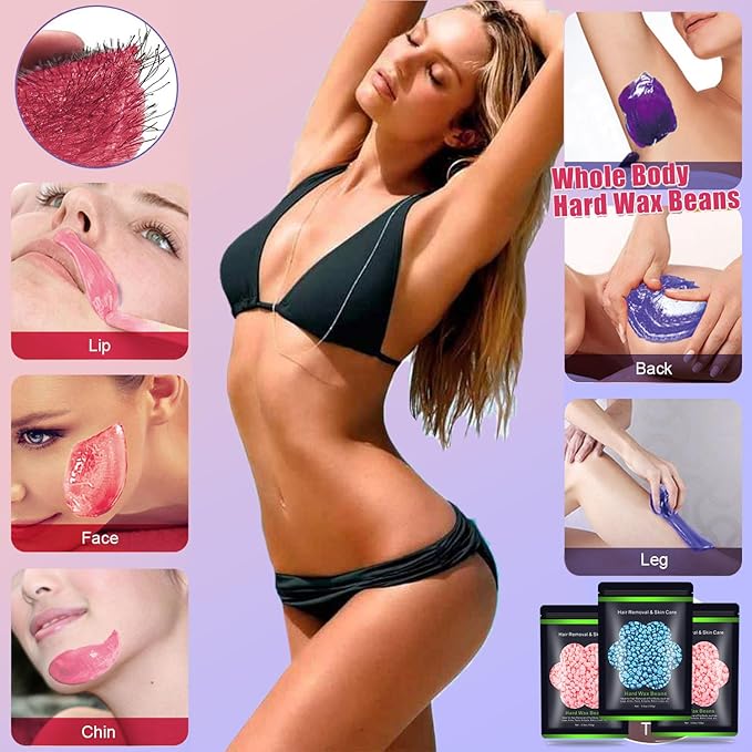 Wax Beads for Hair Removal 10.5oz (300g), Auperwel Hard Wax Beads Beans for Sensitive Skin Brazilian Waxing, Face, Bikini, Eyebrow, Legs, Painless for Women Men, 3 packs Kit with 10 Sticks