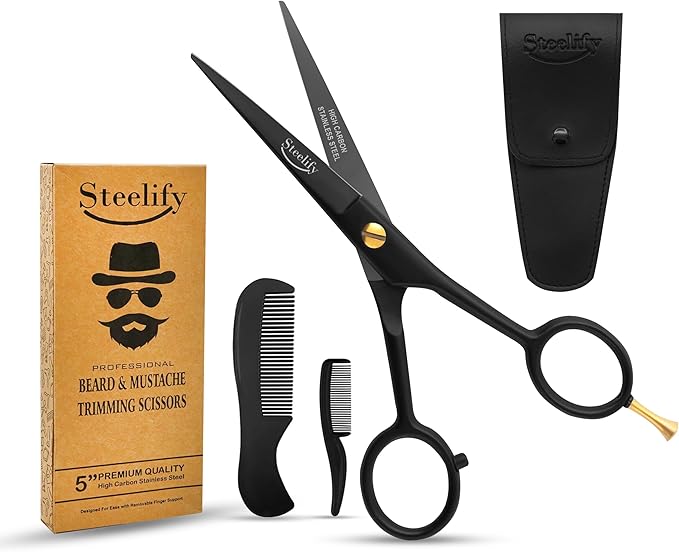 5" Beard Mustache Scissors with 1 Mustache Comb, 1 Beard Comb and Leather Pouch – Professional Beard Trimming Scissors for All Facial Hair – Grooming Scissors Men