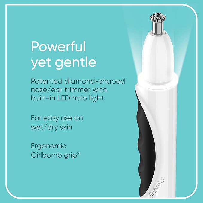 Conair GIRLBOMB Nose Hair Trimmer for Women, Battery-Operated Face Hair Removal for Women, Diamond-Shaped 360° Beveled Blade, LED Light, Packaging May Vary, White