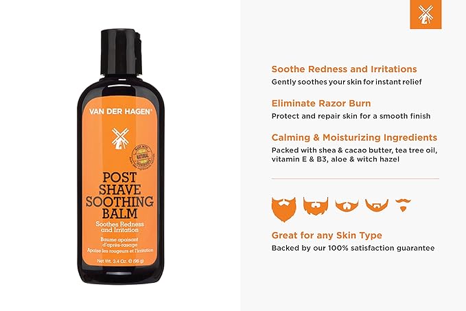 Van Der Hagen Post Shave Soothing Balm - Natural Ingredients for Soothing and Moisturizing Post Shave Finish, Unscented, 3.4 oz