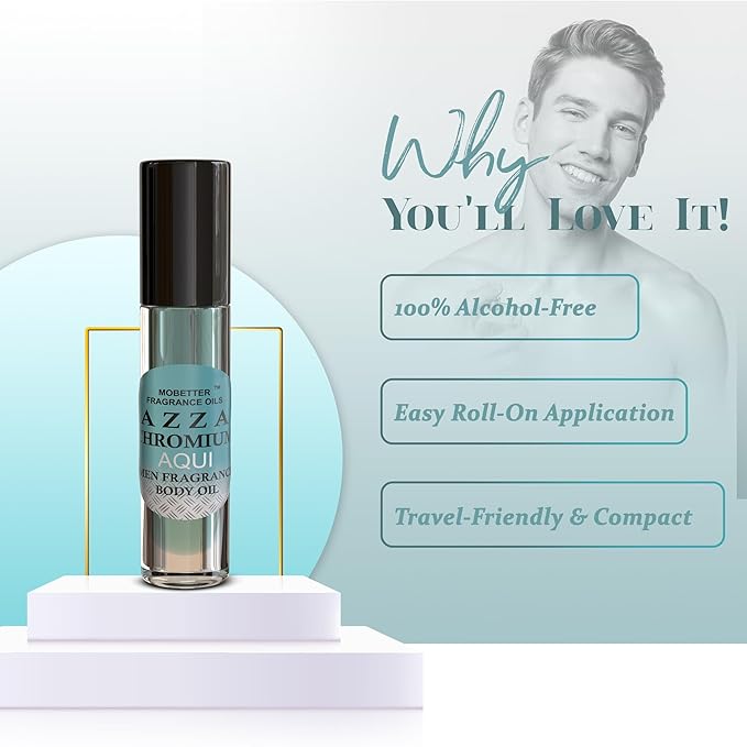 MOBETTER FRAGRANCE OILS AZZA CHROMIUM AQUI Men Cologne Body Oil 1/3 oz roll on Glass Bottle