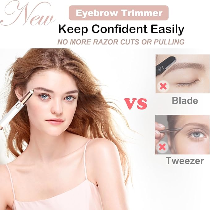 Eyebrow Trimmer for Women - Electric Eye Brow Razor with LED Light Painless & Easy Clean for Eyebrows Face Nose Ear Hair Chin Lips Peach Fuzz Bikini Lines & Other Detailing - Battery Operated (White)