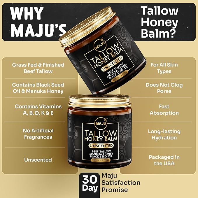 MAJU Beef Tallow Manuka Honey Balm, Unscented (2 oz), Grass-Fed Beef Tallow for Skin with Organic Black Seed Oil, Manuka Honey and Organic Beeswax, Skin and Face Moisturizer for Deep Hydration