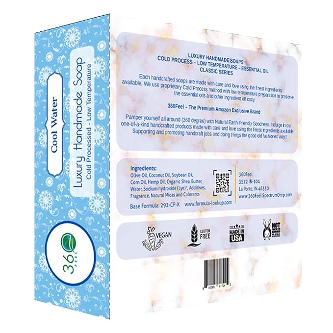 360Feel Cool Water Soap - Made in the USA - Castile Handmade All Natural Cold Processed - Infused with Cool Water Scent for Gentle Cleanse & Moisturizing Lather - Rich Foam (5 oz)
