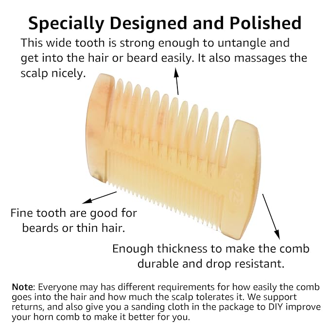 Untreated 4.3 inch Real Ox Horn Curly Hair Picks Beard Mustache Comb, Handmade Fine Wide Tooth Double Sided Small Pocket Travel, Anti-static Detangling Massage Scalp Gua sha for Women Men